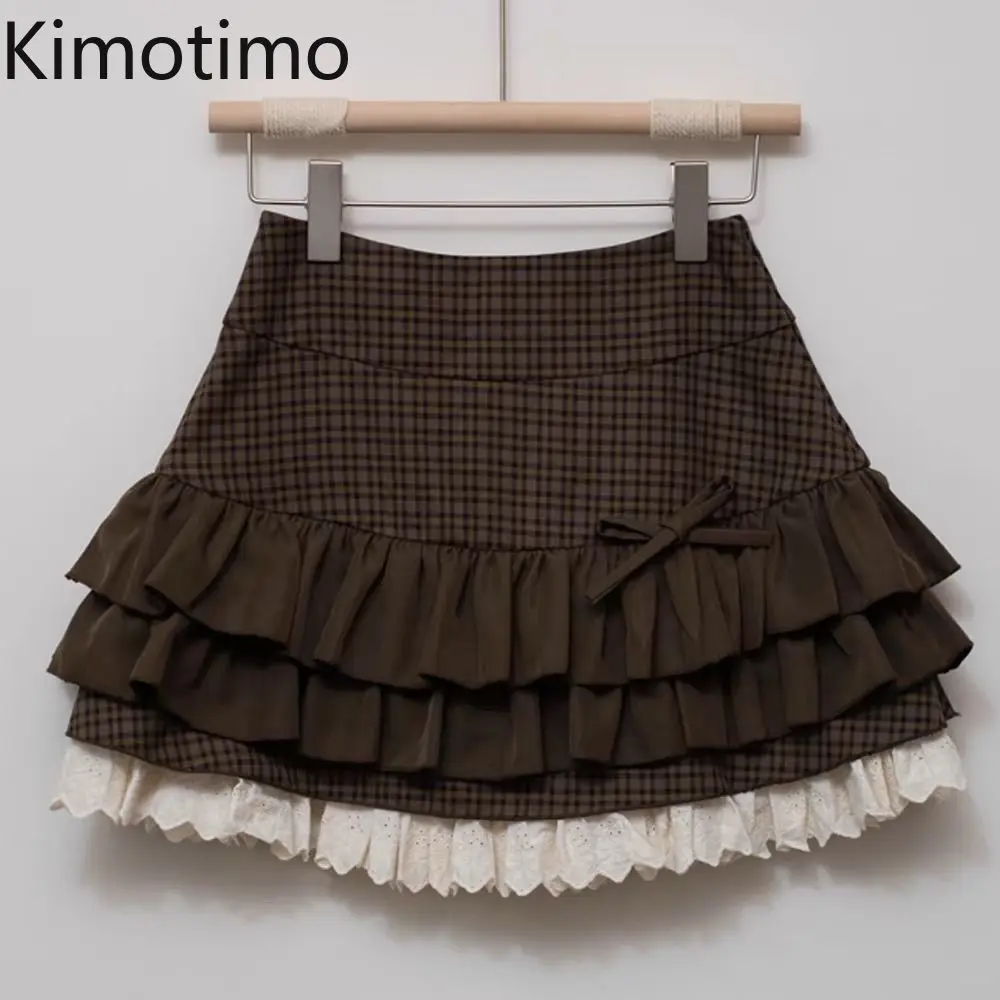 

Kimotimo, японская кавайная клетчатая мини-юбка с бантом, женская винтажная кружевная юбка трапециевидной формы с высокой талией, пышные юбки Sweet Y2k Faldas