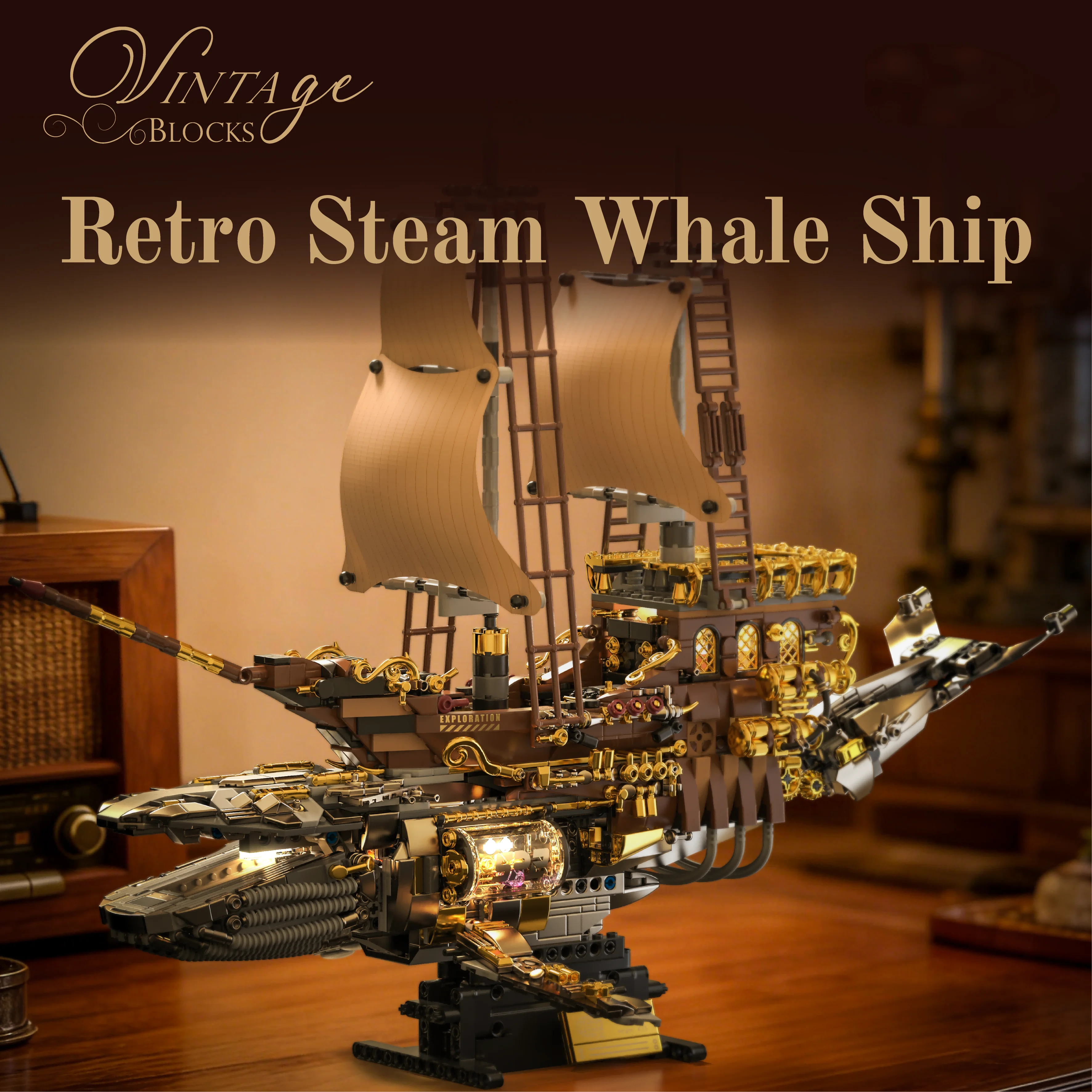 

Creative MOC Steam Whale Boat Building Blocks Set, Retro Steampunk Ship Model for Desktop Decoration,Collector's Gift for Adults