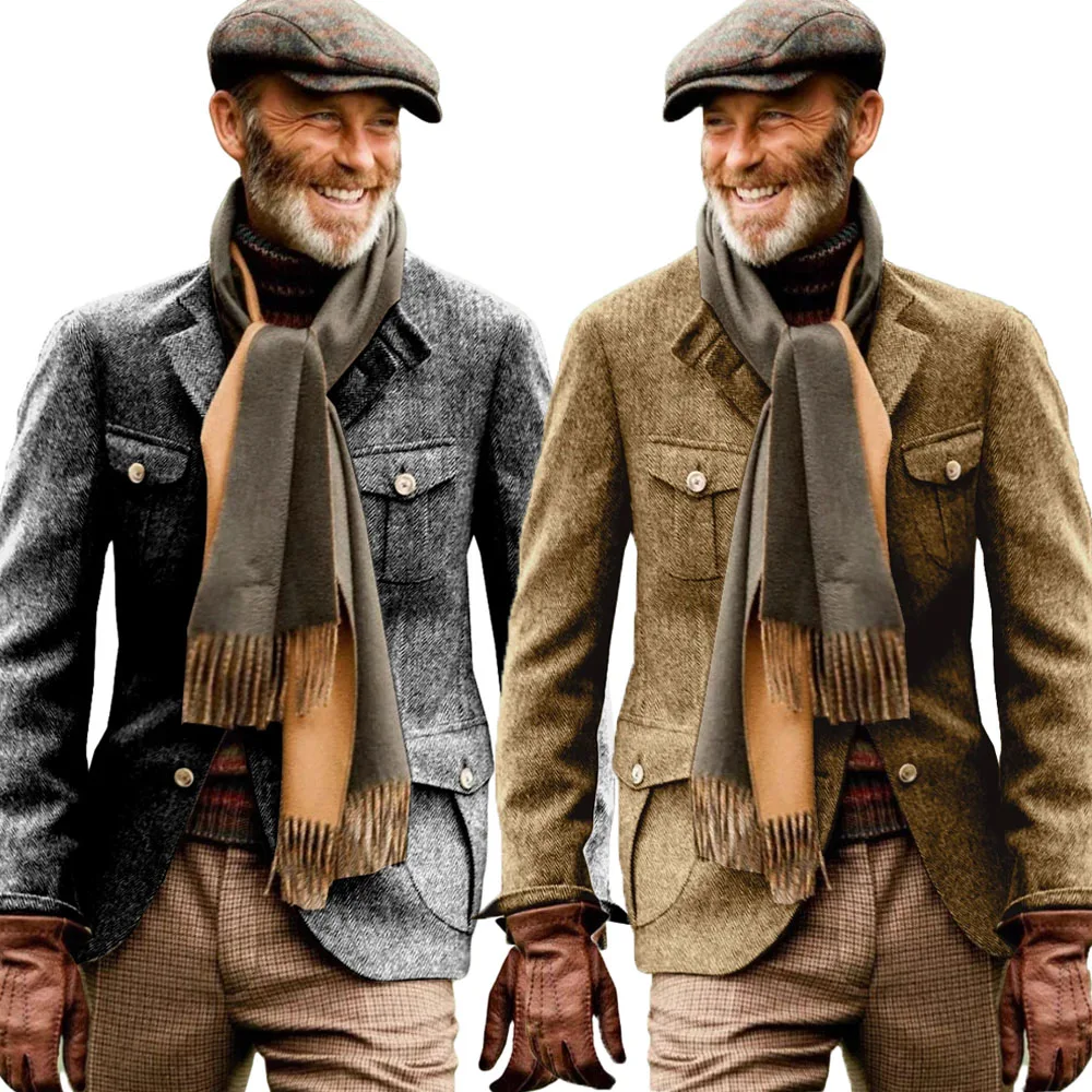 

Vintage British Herringbone Sport Coats Tweed Tweed Hunting Casual Stand Collar Multiple Pockets Jacket Men's Suit Thick Blazers