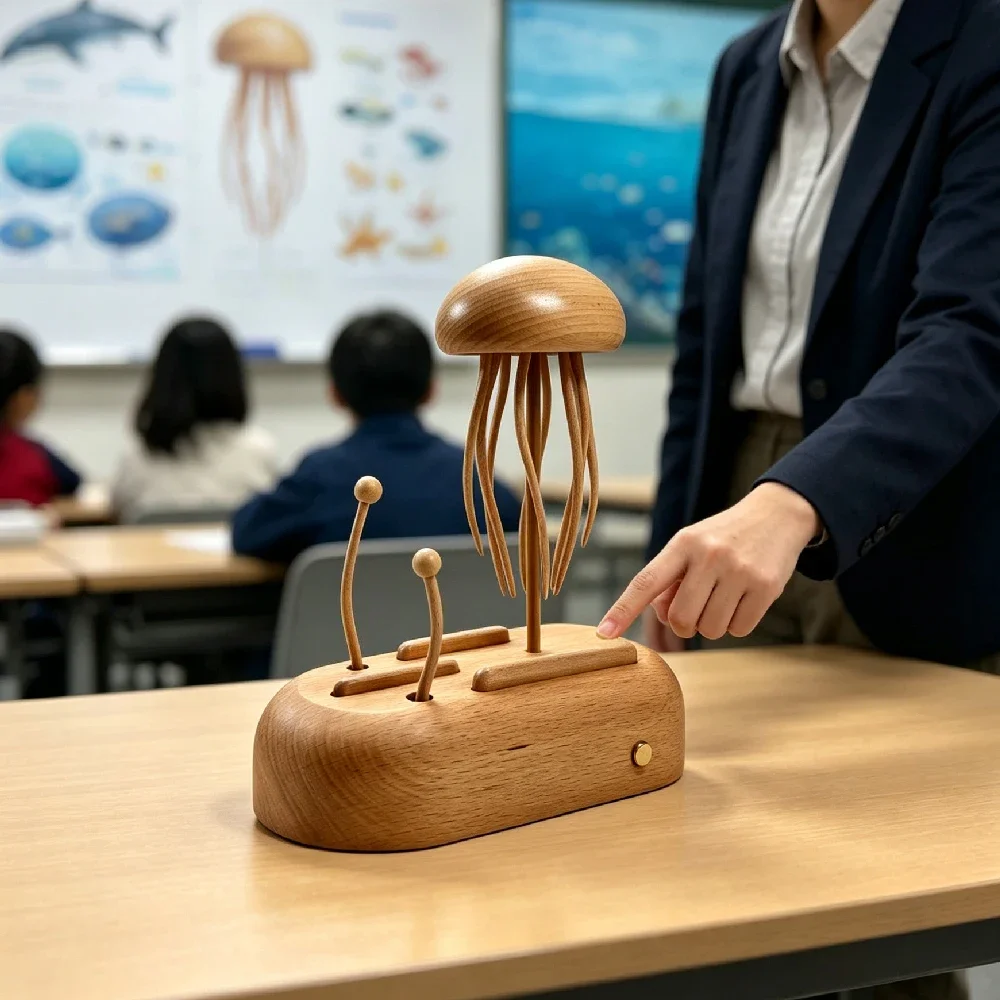 Relaxation Desktop Wooden Jellyfish Dynamic Model, Kinetic Ocean Sculpture, Tabletop Display for Home Office, Gift for Friends