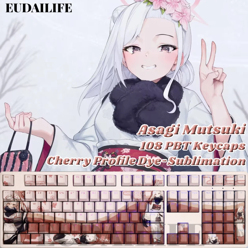 

Asagi Mutsuki 108 Keycaps Blue Archive PBT DYE Sublimation Light Transmitting Cherry Cross Axis Switch for Mechanical Keyboard