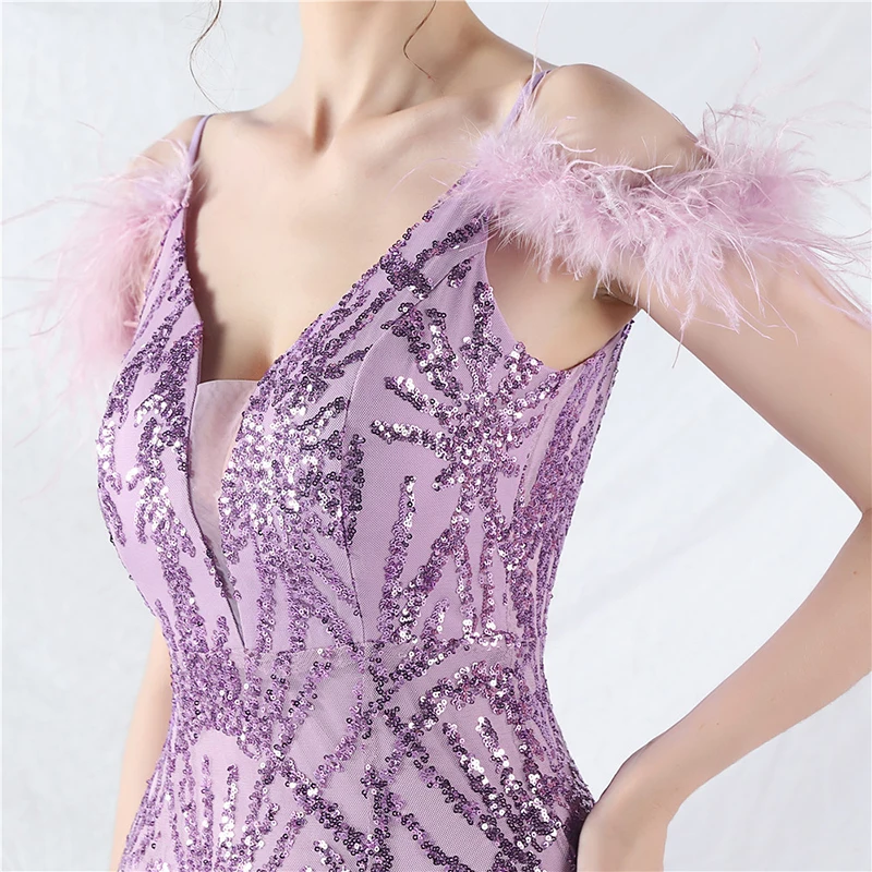 ملابس الصيف النسائية السباغيتي حزام ريشة الترتر شبكة مثير العميق الخامس الرقبة عارية الذراعين مساء حفلة كوكتيل حفلة موسيقية فستان طويل #5