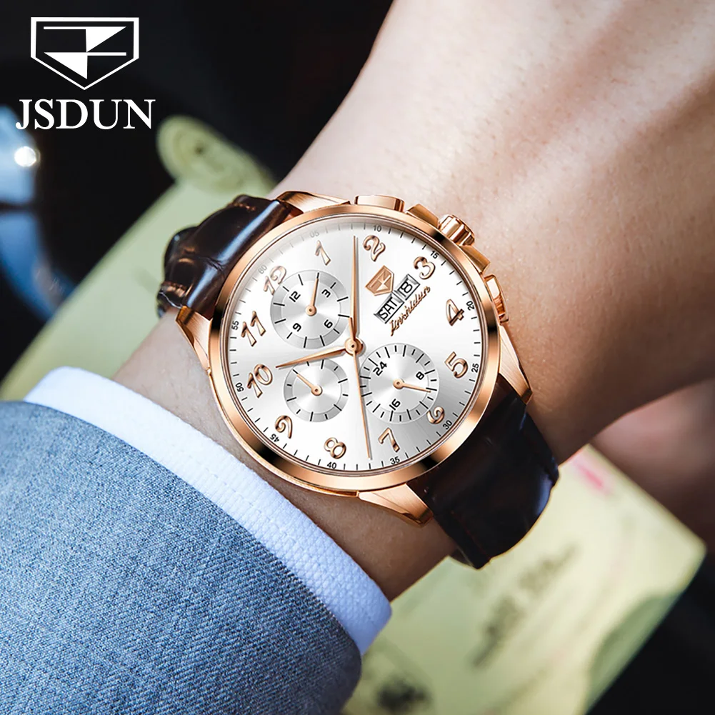 JSDUN Trend Fashion Watch for Men Leather Strap Multifunction Automatic Mechanical Men\'s Watches Original High Quality Men Watch