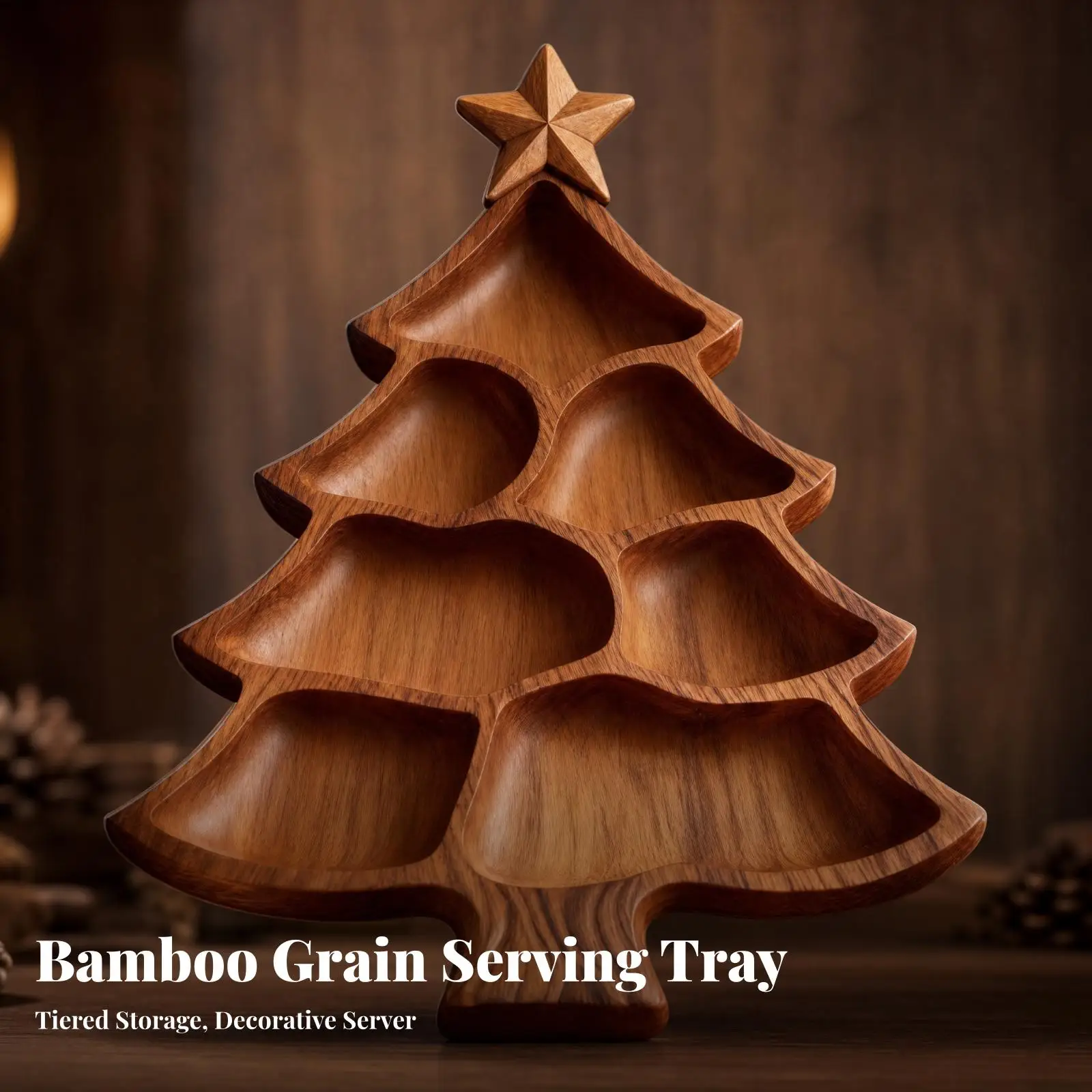 Christmas Tree Shaped Bamboo Snack Tray Compartmentalized Tree Shaped Fruit Tray with Celestial Point Versatile Holiday