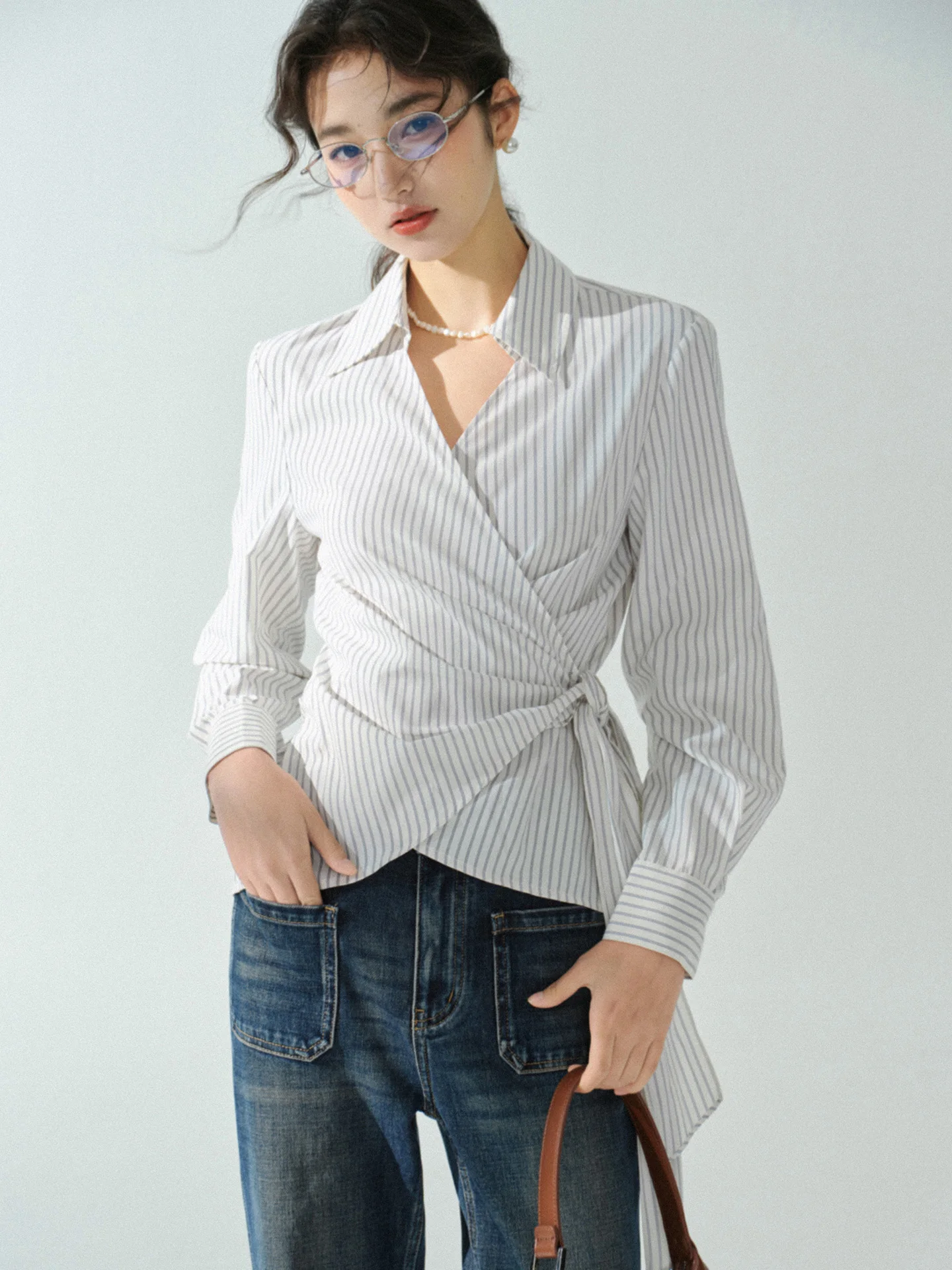 Striped Wrap Shirt Women Long Sleeve Button Down Blouse Slim Fit Waist Tie Top Autumn Office Wear Elegant Lapel Collared Outfit