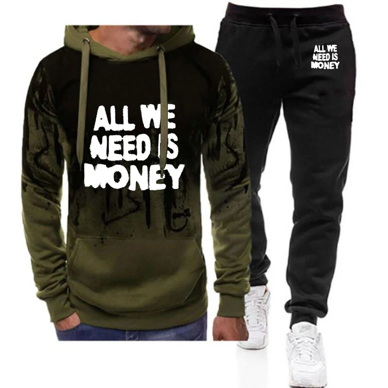 

2026 Streetwear All We Need Is Money Graphic Spring And Autumn New Men's Harajuku Gradient Color Hooded + Pants Two Piece Suit
