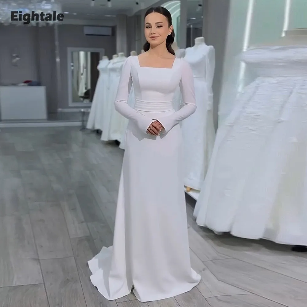 

Eightale Arabic Wedding Dresses Scoop Customized Long Sleeve Mermaid Satin White Ivory Bridal Gowns Vestidos De Novia