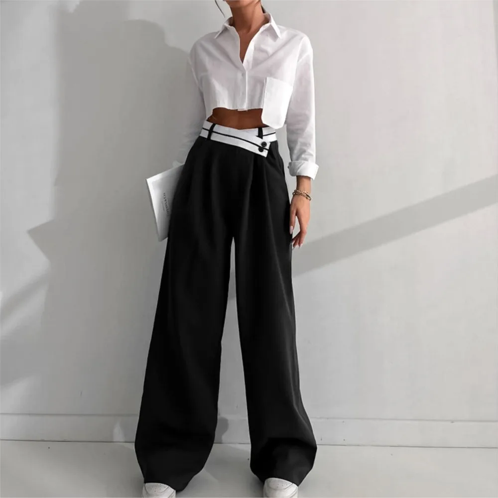 Women' S Clothes Casual Loose Pants For Woman Contrast Wide Leg Long Pants All-match Patchwork Simple Style Retro Temperament