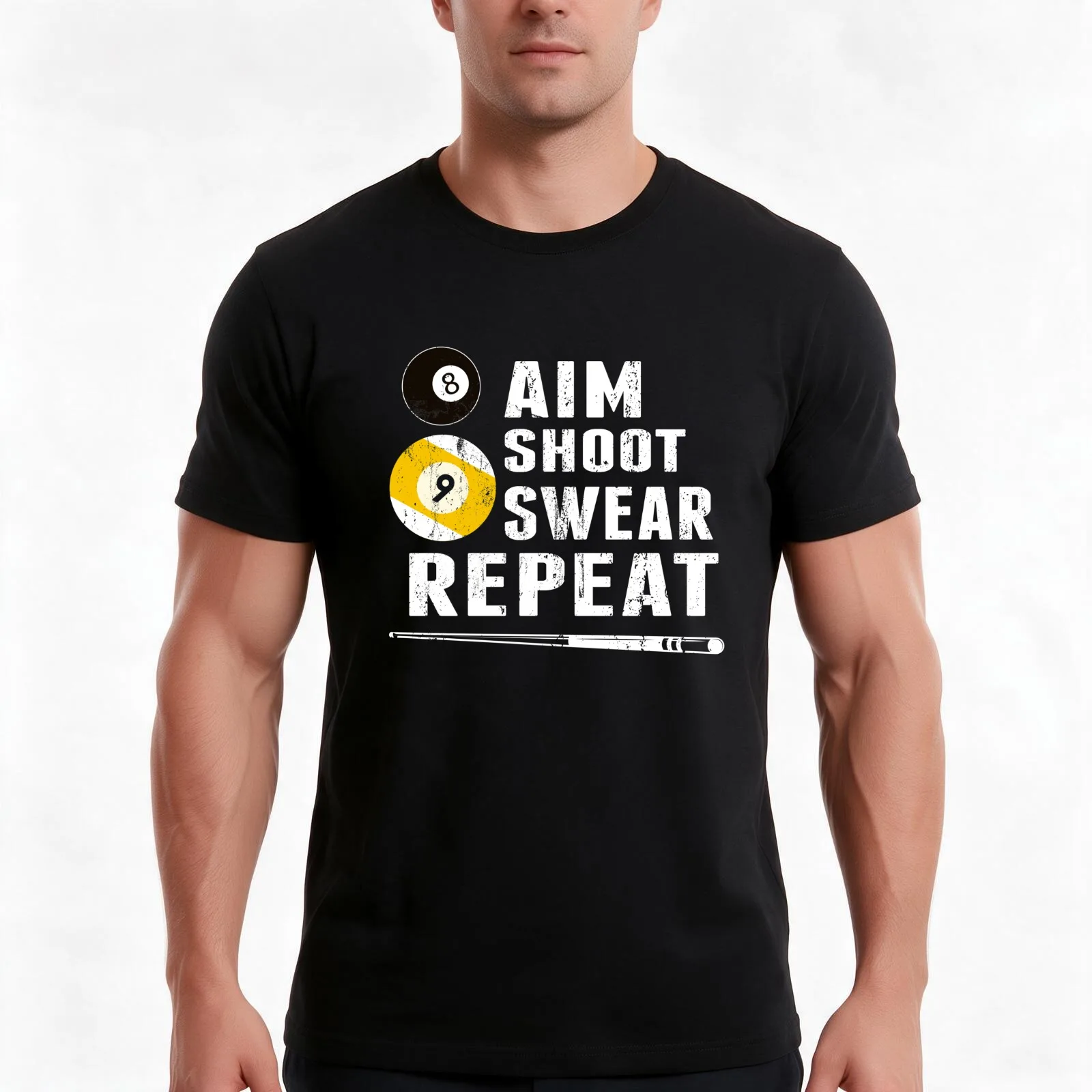 Funny Billiards Pool Players Tshirt Aim Shoot Swear Repeat Billiards T-Shirt Summer Casual Cotton Tee Unisex Men Women