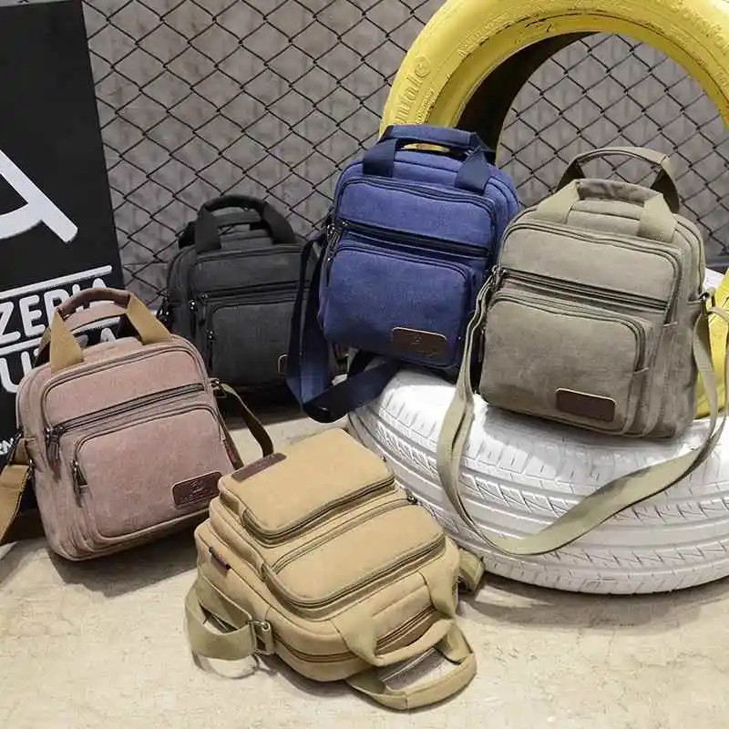 Mestercock Canvas Shoulder Bag Men's Casual Crossbody Business Bag Soft Handle Zipper Closure Medium Size Pure Color