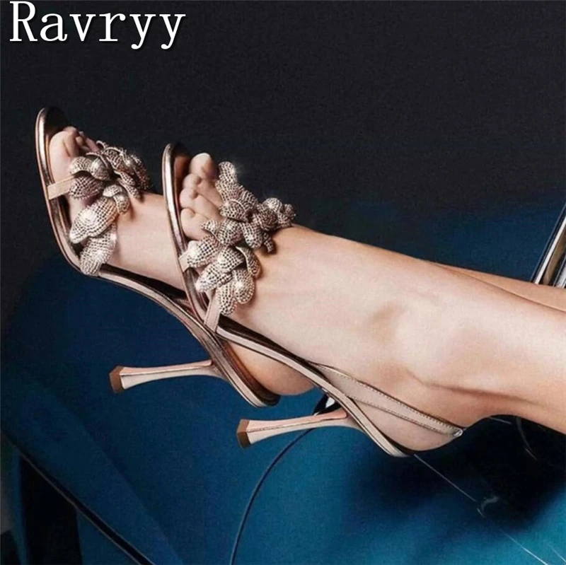 Gold Flower Rhinestone High Heels Sandals Women New Brand Open Toe Thin Heel Back Strap Sandal Ladies Party Wedding Shoes