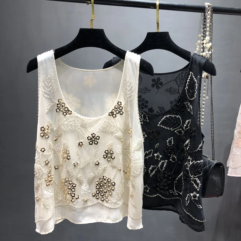 

Summer New round Neck Sequin Embroidery Shantung Loose Fit Vest Heavy Embellished Outerwear Women's Top Casual Elegant Style