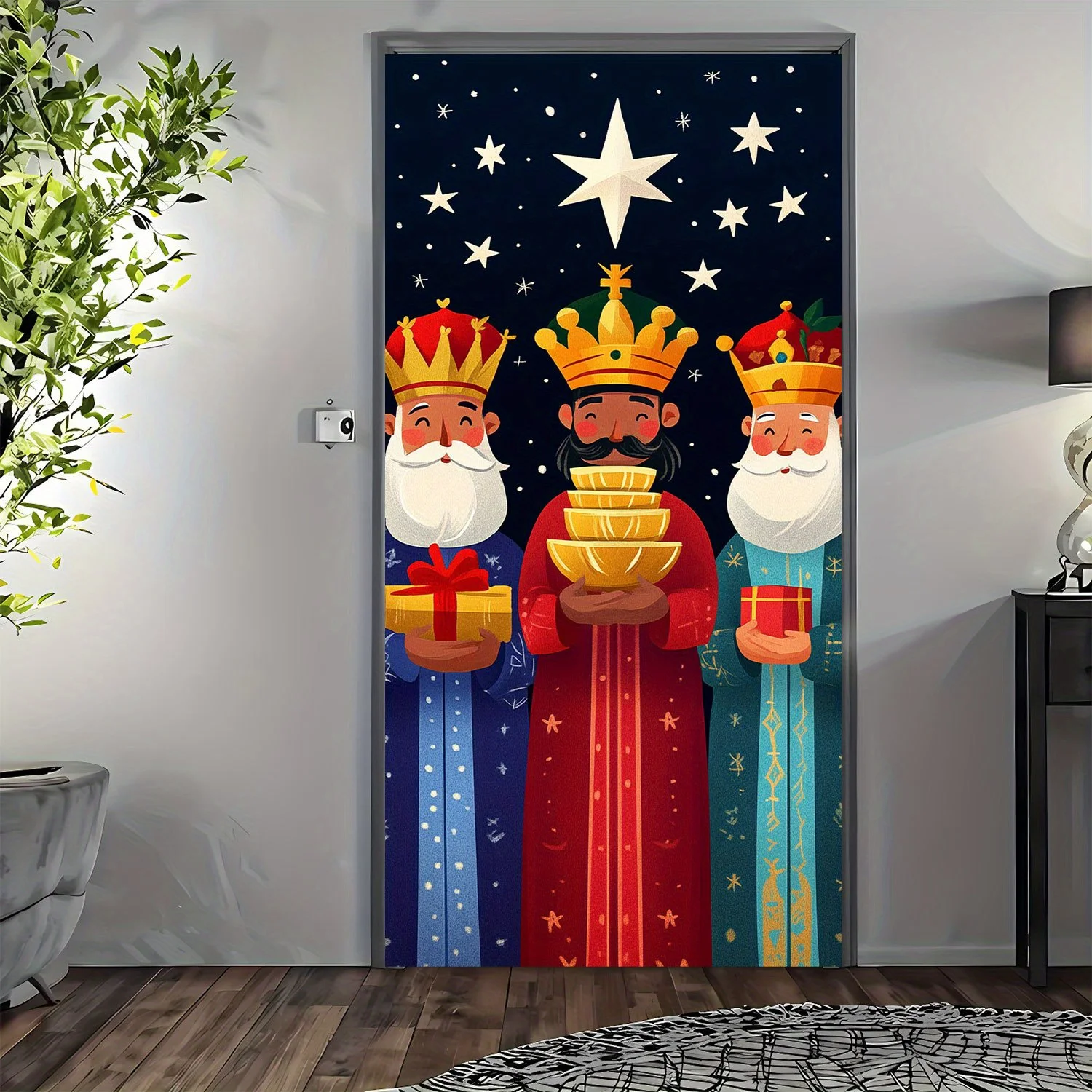4 Grommets Flat Polyester Door Banner Featuring The Three Kings for Various Holiday Decorations Including Christmas New Year