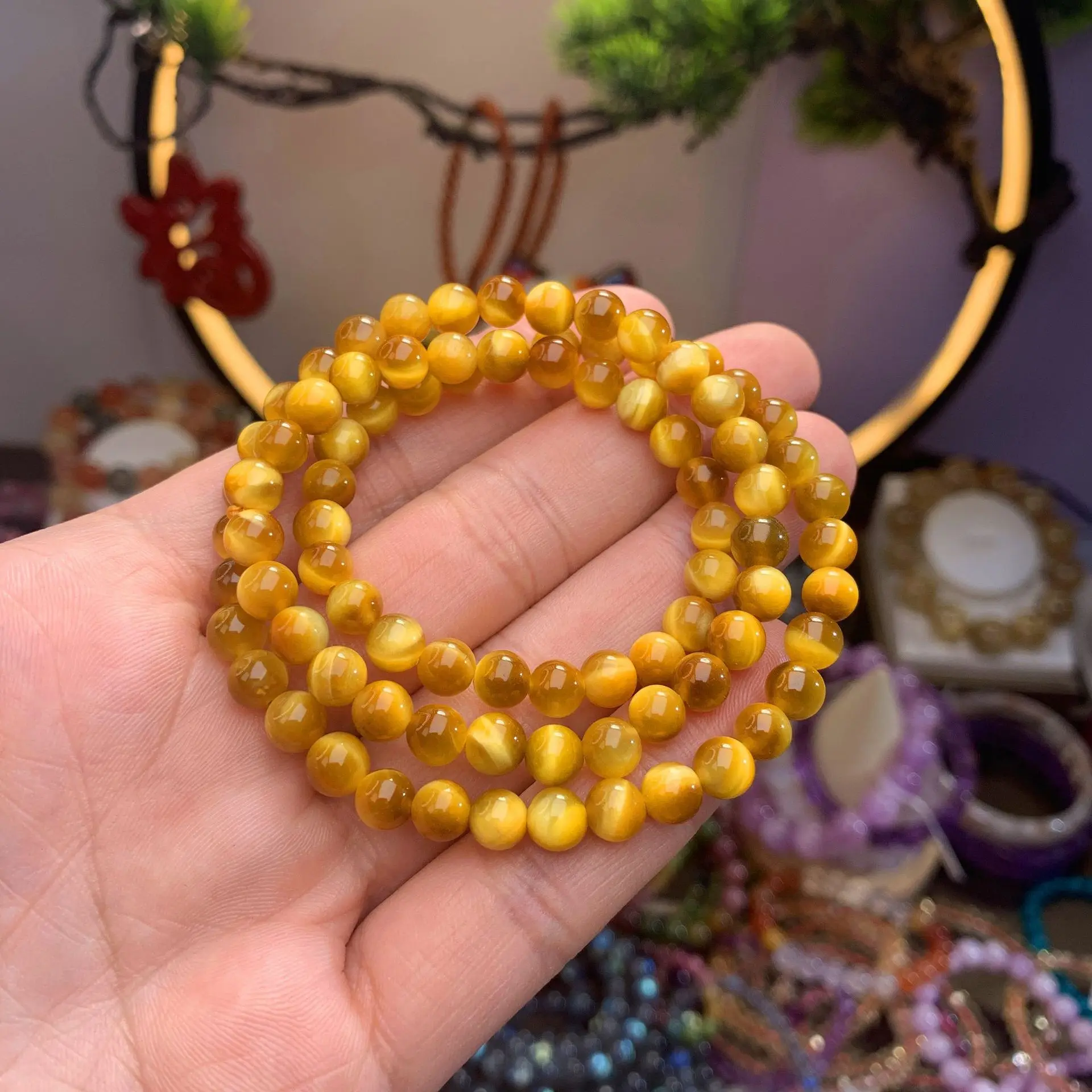 

Натуральное золото, драгоценный камень «Тигровый глаз», браслет с 3 кругами, круглые бусины, ювелирные изделия, растягивающиеся 6 мм, модный камень «кошачий глаз», AAAAA