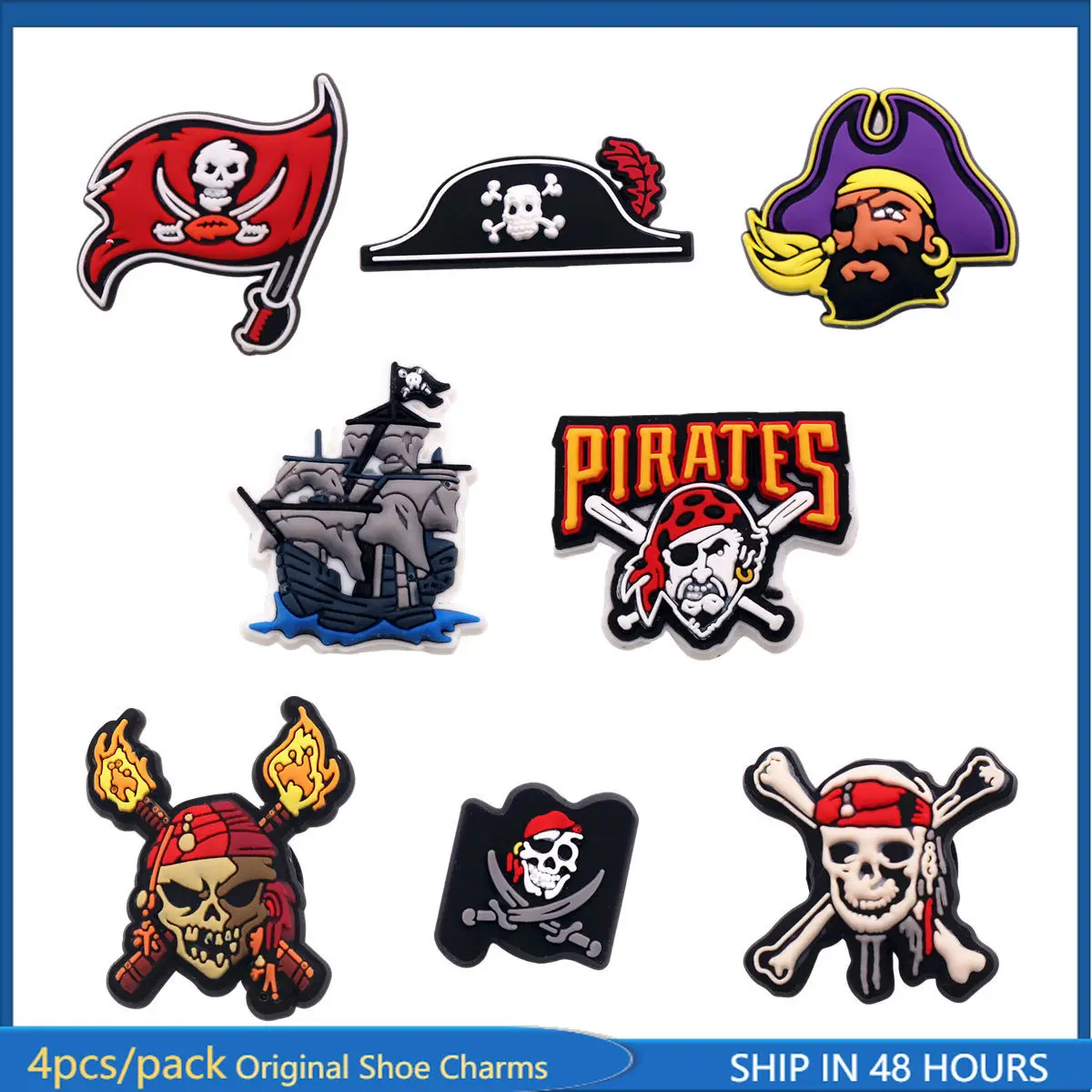 

4 Pack Original Pirate Style PVC Shoe Charms Accessories Designer Sandal Badge Upper Decorations Clips Skull Clog Pin Buckle