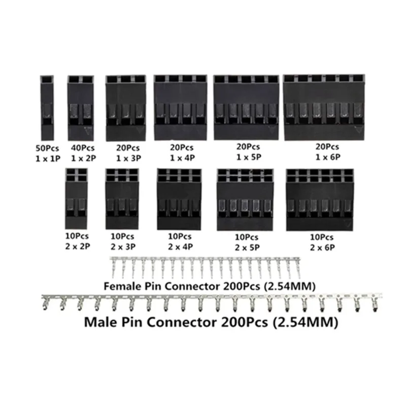 620 Brother Connector 2.54mm T Cable Jumper Pin Head Shell Kit Male Crimping Pin+Female Pin Terminal Connector