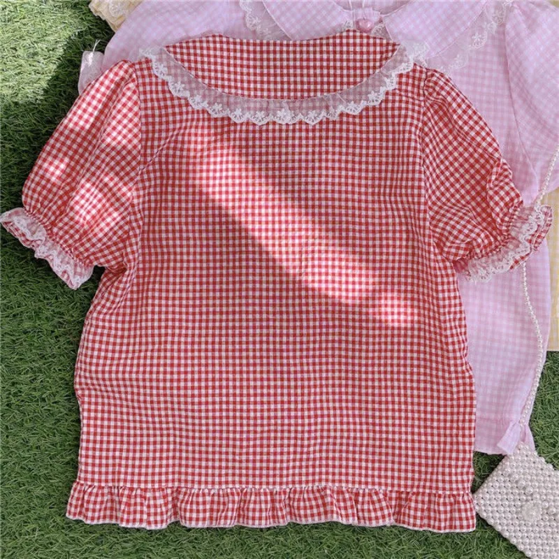 Chemise douce japonaise Lolita pour filles, bouton, nœud à carreaux, col en dentelle, polyvalent, bord d'oreille, élégant, patchwork, doux, 2024