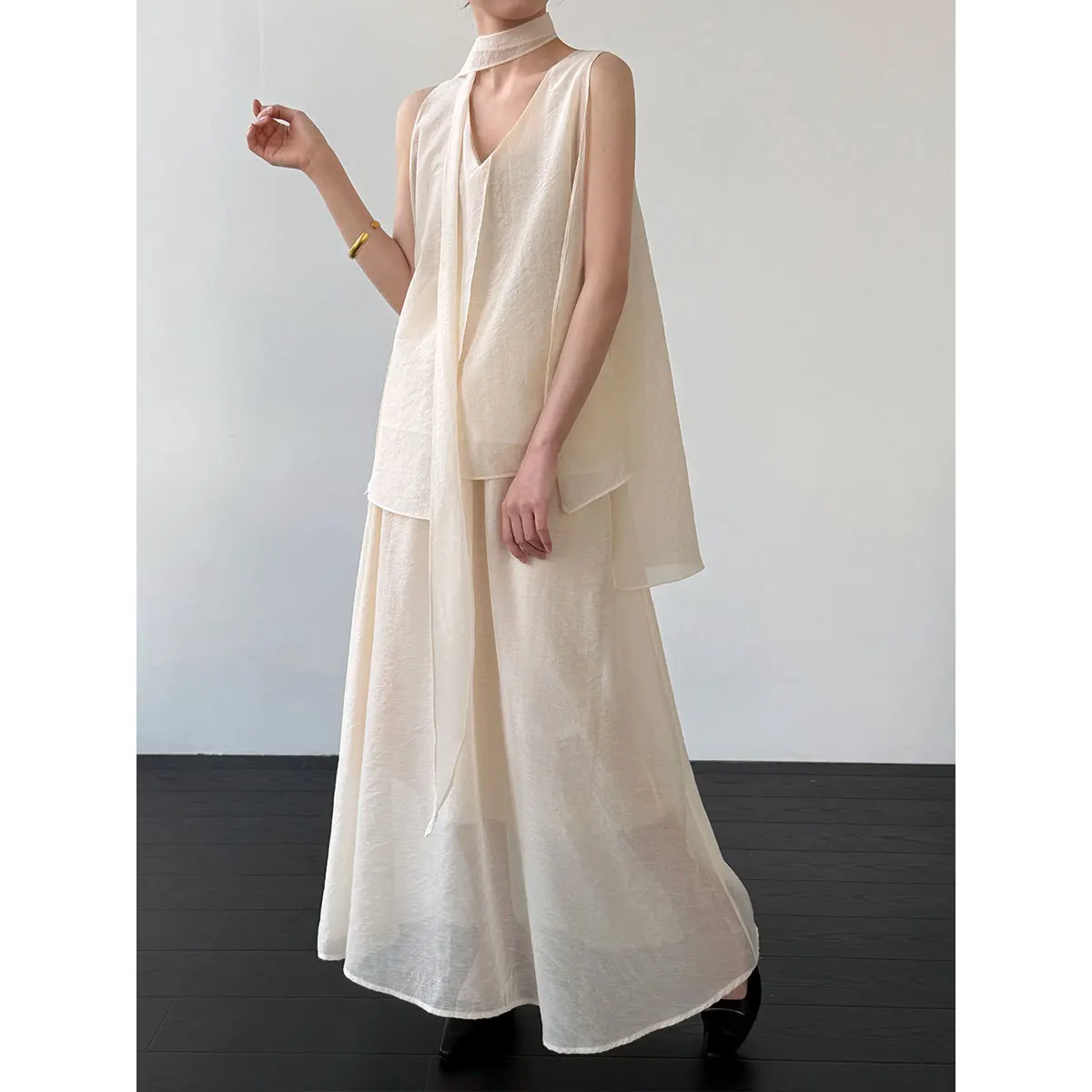 

2026 Women Lace-Up V-Neck Sleeveless Blouses With High Waist Wide Leg Pants Two Pieces Sets Summer Chic Suits Ladies Outfits