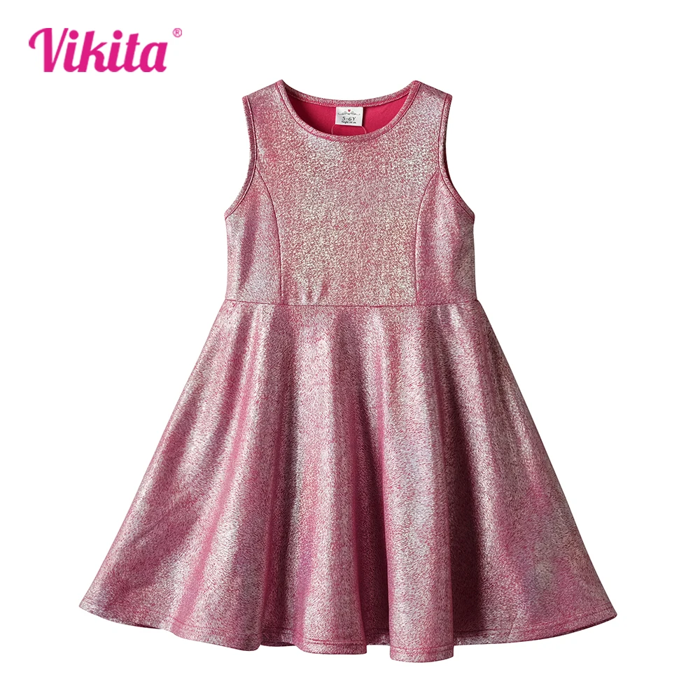 VIKITA Girls Polyester Summer Sleeveless Dress Kids Shiny Stage Performance Party Princess Casual Dresses Children Clothing