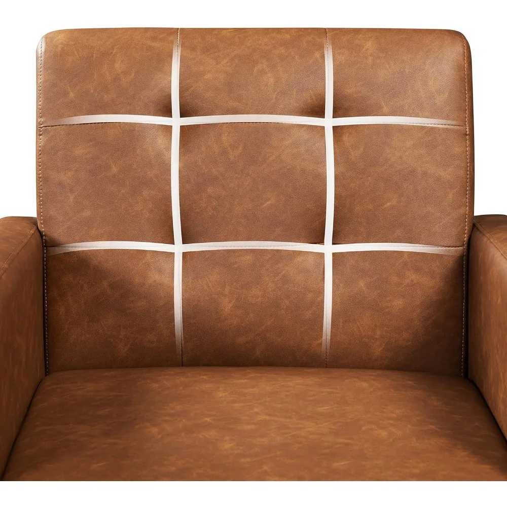 ミッドセンチュリーアクセントチェア、PUレザーモダンな布張りのリビングルームチェア、居心地の良いアームチェアボタンタフトバックと木製脚