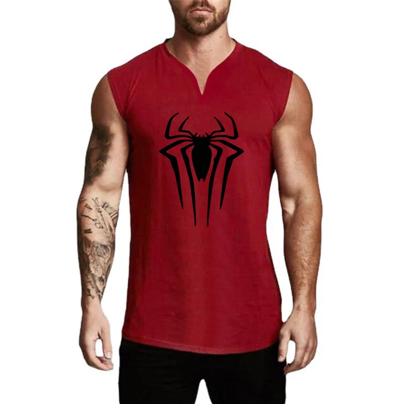 Spider Print V-neck Cotton Breathable Vests Summer Cool Fitness Sport Tank Tops Gym Bodybuilding Sleeveless Mens Running Shirt