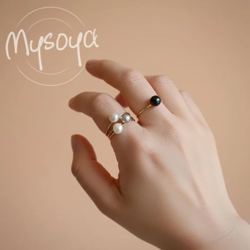 

MYSOYA White/Black/Gray/Pink/Purple Freshwater Pearl Ring 6-7mm With Gift Box For Her/Him Wedding/Birthday/Christmas Gift