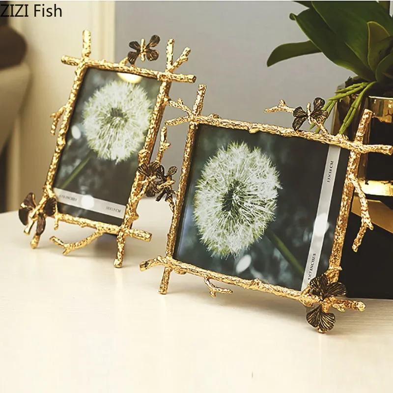 6/7/10Inch Nordic Vintage Metal Butterfly Photo Frame Family Portrait Nightstand Desktop Square Golden Picture Frames Home Decor