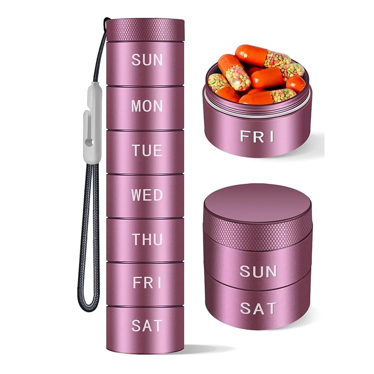 Weekly Travel Stackable Pill Organizer, Metal Pill Case 7-Day Compartment Medicine Box Waterproof Pill Container Purple