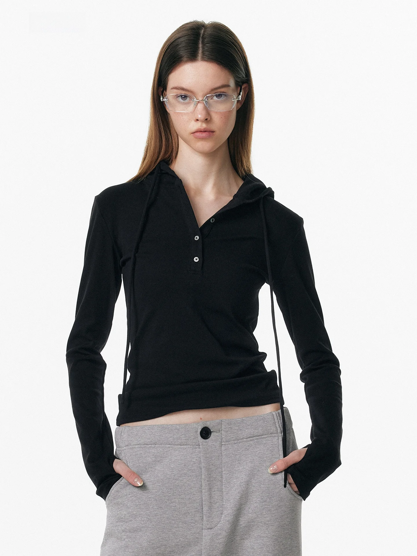 

Женская футболка ALINNV с длинным рукавом и капюшоном, повседневная, эластичная, с воротником Хенли, модная, универсальная, для женщин