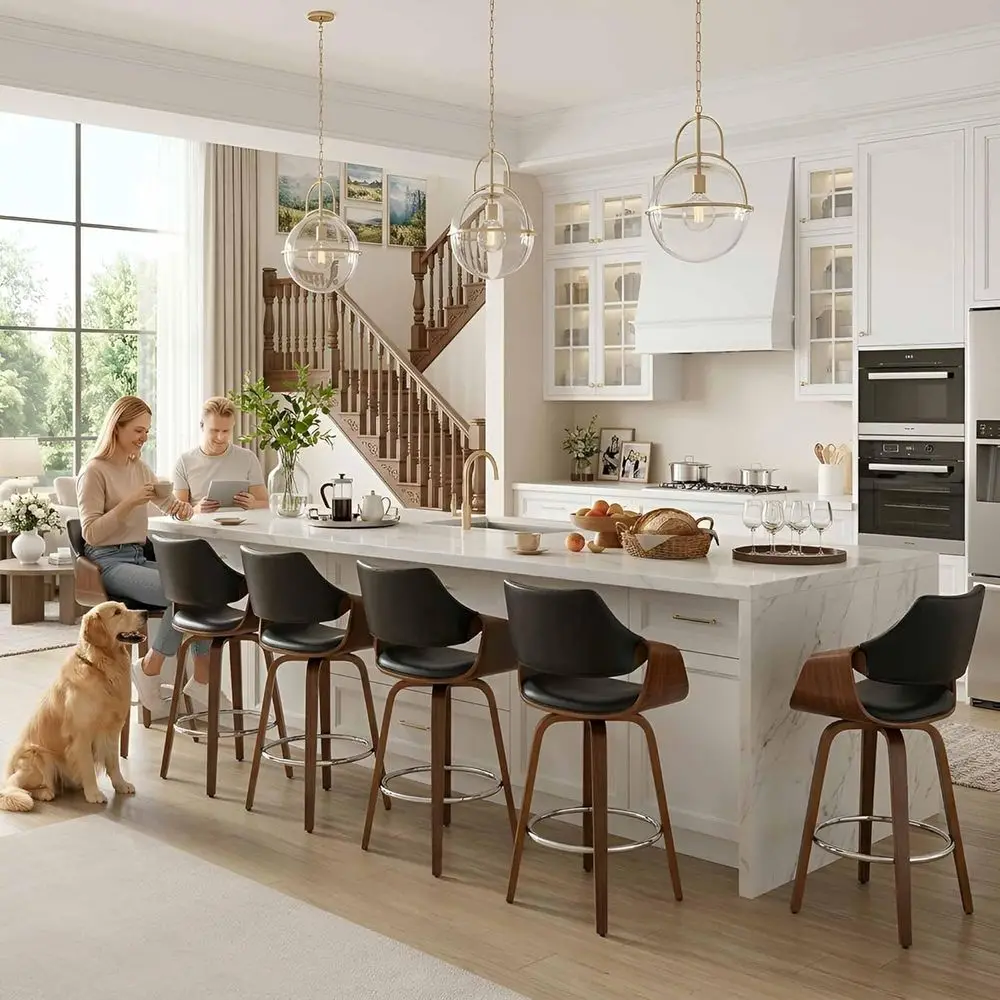 

Set of 6 Black Leather Upholstered Swivel Counter Stools with Backs, Walnut Wood, Ideal for Kitchen Island
