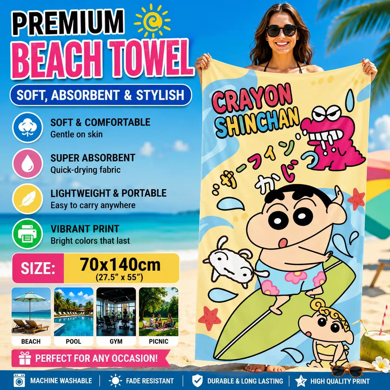 Shin-chan Surfing Animation Beach Towel Quick-drying Suitable for Beach Gym Yoga Pool Summer Funny Gift for Friends And Family