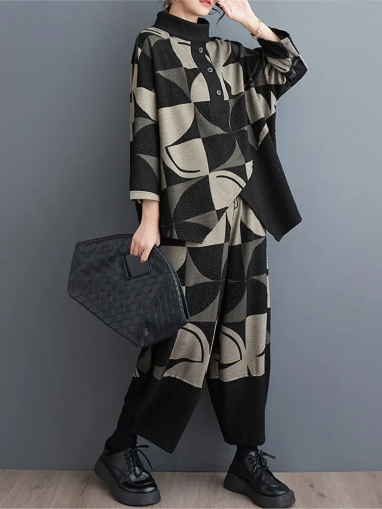 Oversize nadruk jesień 2 dwuczęściowy zestaw damski moda nieregularna patchworkowa nowa bluzki damskie luźna szeroka nogawka kobieta spodnie haremki