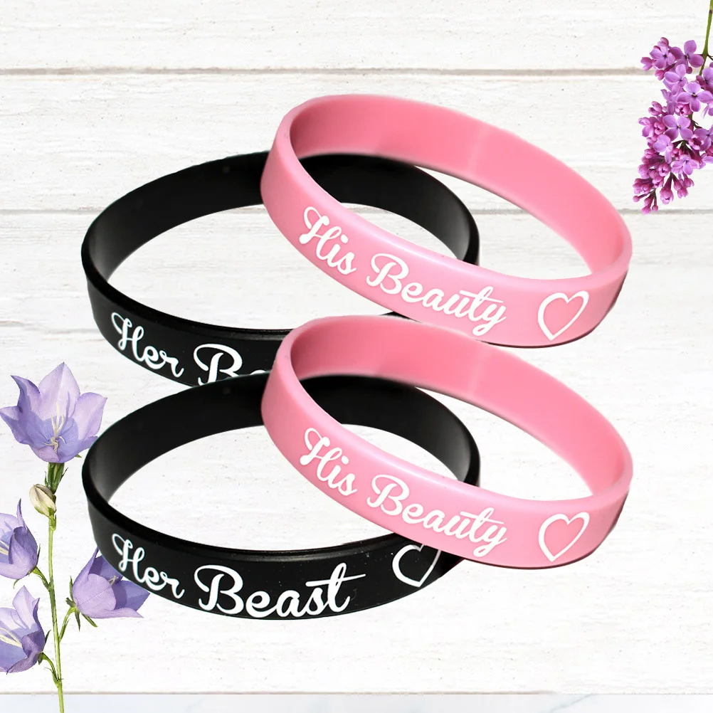 

4pcs Couple Bracelet Silicone Romantic Letters Printed Wristband Valentine'S Day Party Hand Decoration Small Presents