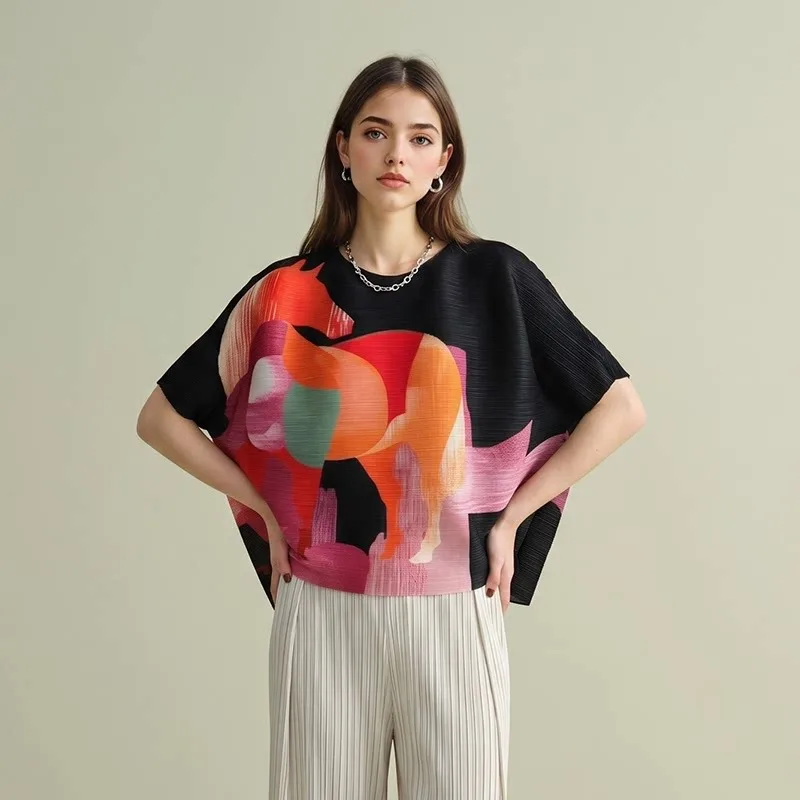 Miyake Pleated T-Shirt 2026 Summer New Art Print Short Sleeve Loose Casual Elegant Stretch Women Plus Size Top No-Iron Clothing