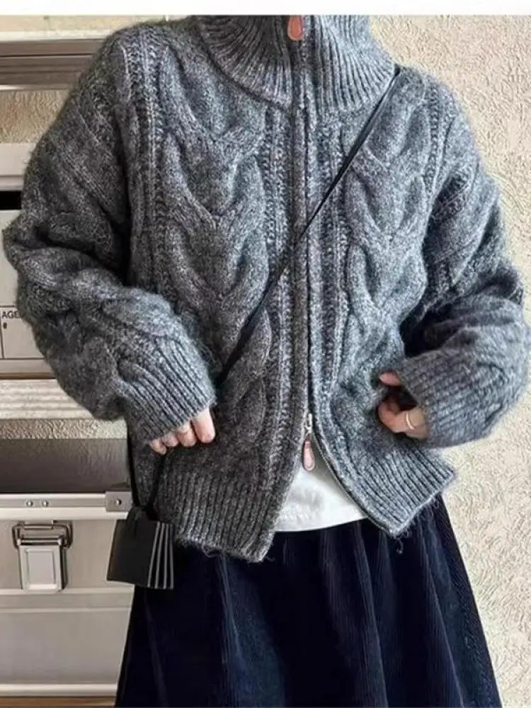 

Korean Retro Women's New Grey Brown Long Sleeve Zipper Sweater Autumn Winter Beige Office Lady Cardigan Knitted Tops 2025 Trendy