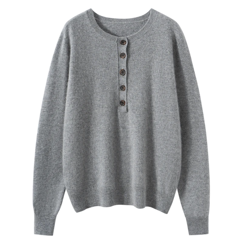 

Women's 100% Cashmere Sweater O-neck Buttons Collar Pullover Autumn Winter Soft Comfy Basic Simple Clothes Cashmere Knitwear Top