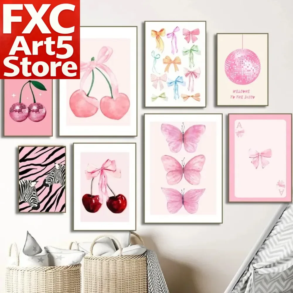 1PC Frameless Trendy Watercolor Pink Bows Canvas Painting Wall Art Cherry Disco Ball Zebra Poster Print Preppy  Girl Room Home D