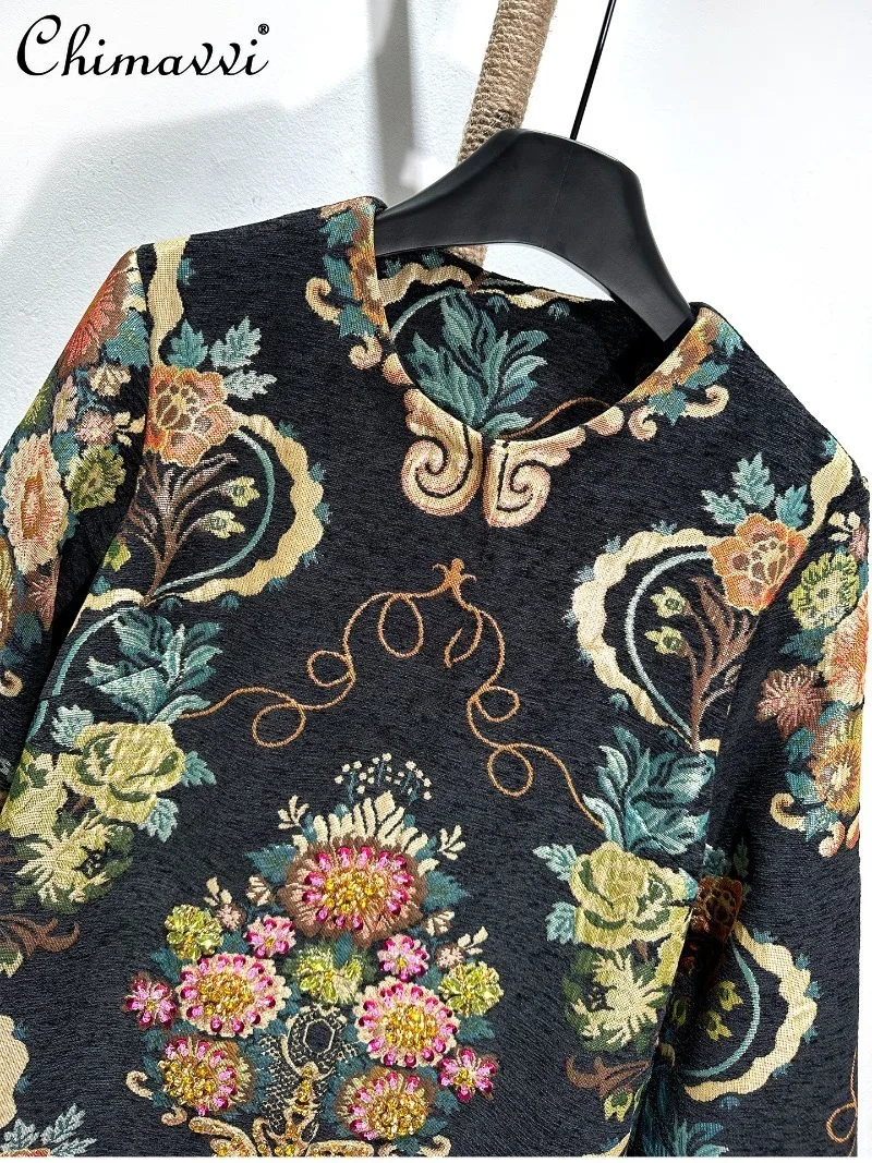 高級レトロビーズ刺繍豪華ミドル丈ジャカードコート レディース 2025秋冬新作 ファッション ゆったりエレガントトレンチコート