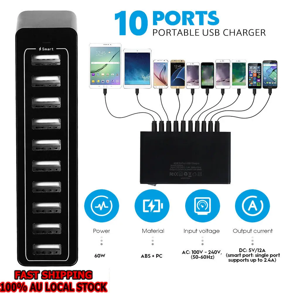 HUB Charger Power Wall Station Cable 10 Port Desktop USB High Power Fast Charging Multi-Port Mobile Phone Tablet Charging Head