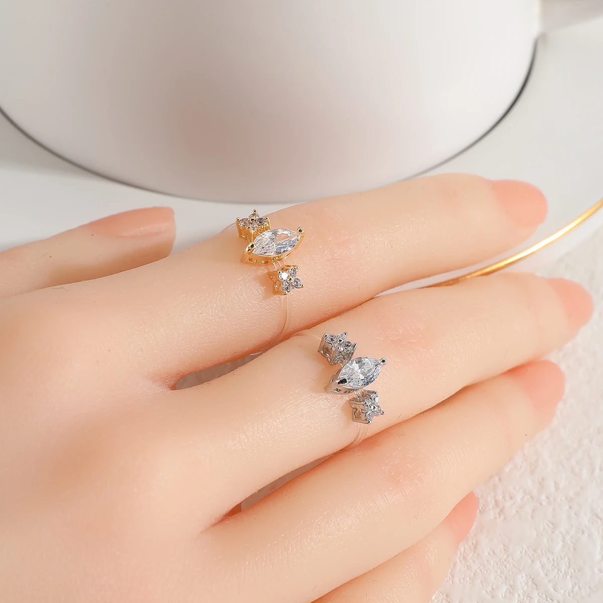 Sweet cute female fashion temperament flowers ladies invisible ring with micro inlaid zirconia transparent fishing line ring