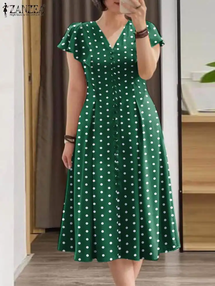 Fashion Summer Polka Dots Sundress ZANZEA Women V Neck Short Sleeve Dress Elegant Button Midi Robe Casual Holiday Party Vestidos