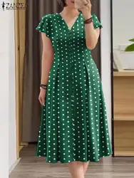 Fashion Summer Polka Dots Sundress ZANZEA Women V Neck Short Sleeve Dress Elegant Button Midi Robe Casual Holiday Party Vestidos