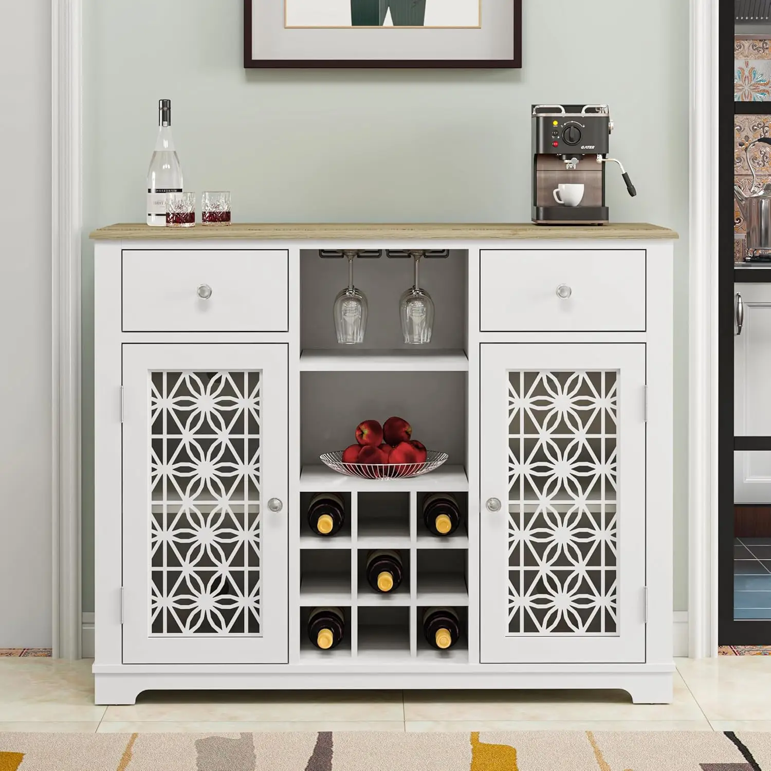 

47 Inch Wine Cabinet , 2 Tone Finish, Storage Shelves Kitchen Coffee Bar Buffet Sideboard Cabinet for Dining Room (White)
