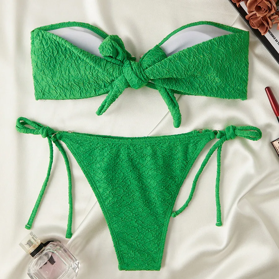 Green Bandeau Bikinis Sets De Mujer Metal Ring Texture Solid Swimwears Lace-up Micro Thong Sexy Swimsuit Women 2025 Biquinis