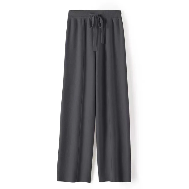 

MEELEX Elegant Women 100% Merino Wool Trousers Drawstring Autumn Winter Soft Warm Knitted Pants New Chic Wool Wide Leg Trousers