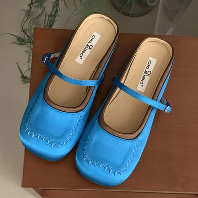 

Satin Design Flats Slippers Women Square Toe Non-slip Slides Fashion Shallow Buckle Comfort Summer 2025 New Mules Sandals Women