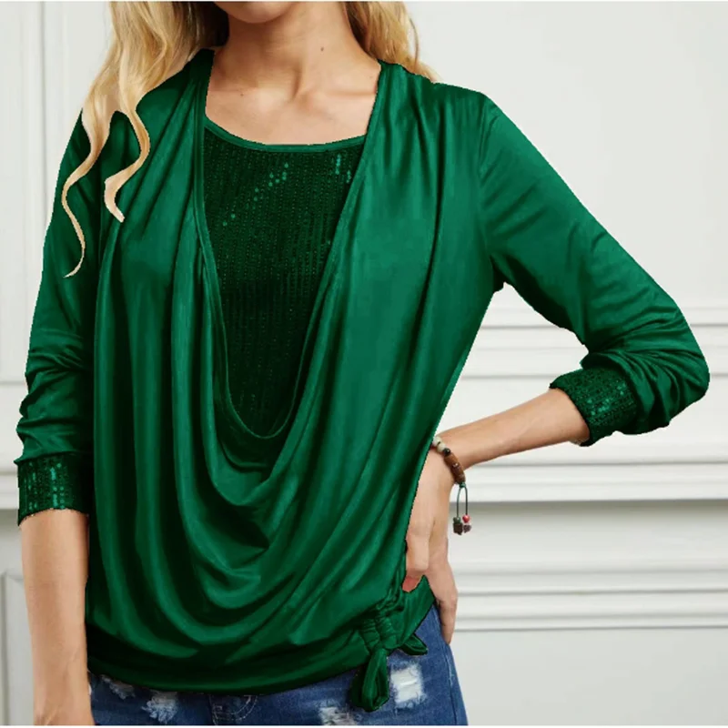 6 Solid Color Sequins Simple Long Sleeve Top Women\'s Elegant Temperament Street Autumn Blouse T-Shirt
