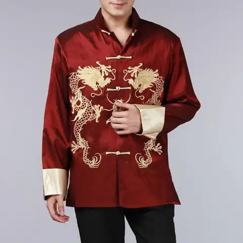 Giacca da uomo Tang Suit Stile cinese Due draghi Capispalla retrò Maniche lunghe Cappotto con colletto alla coreana Abbigliamento tradizionale cinese