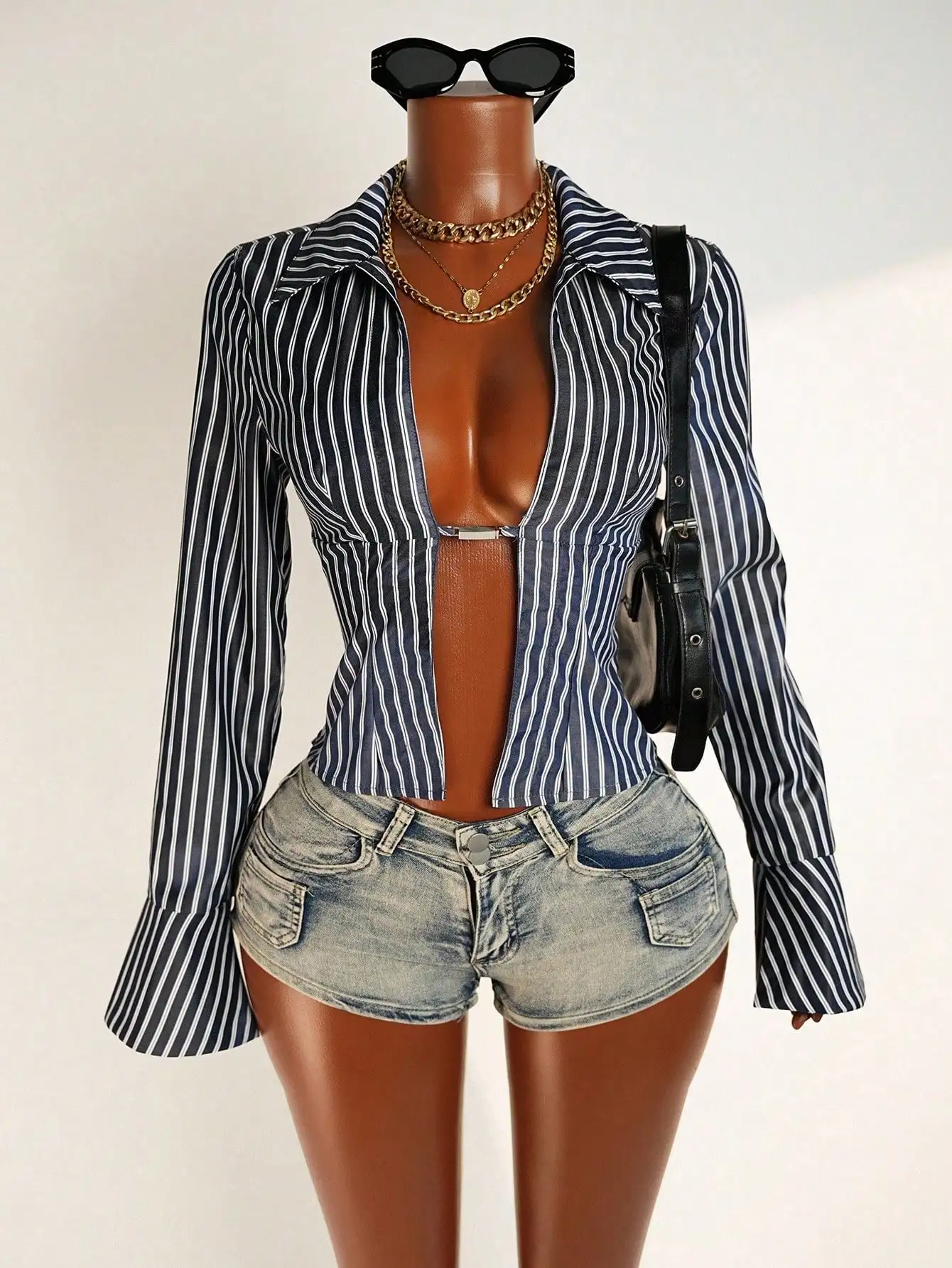 

Women's Striped Long Sleeve Blouse with V-Neck, Flounce Cuffs & Metal Hook Closure