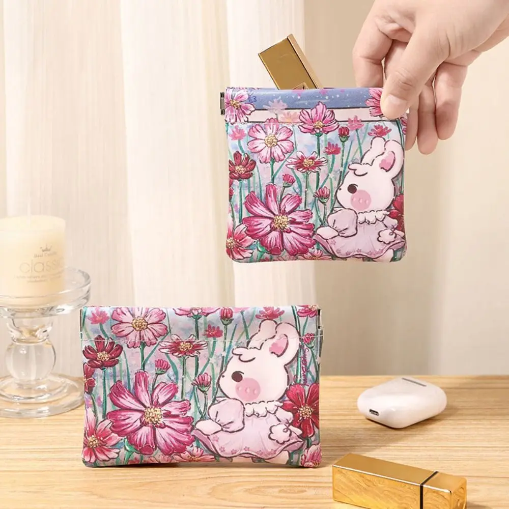 Pu Leather Mini Cosmetic Bag Print Flower Coin Purse Automatic Closed Self-closing Lipstick Storage Bag Jewelry Storage Bag